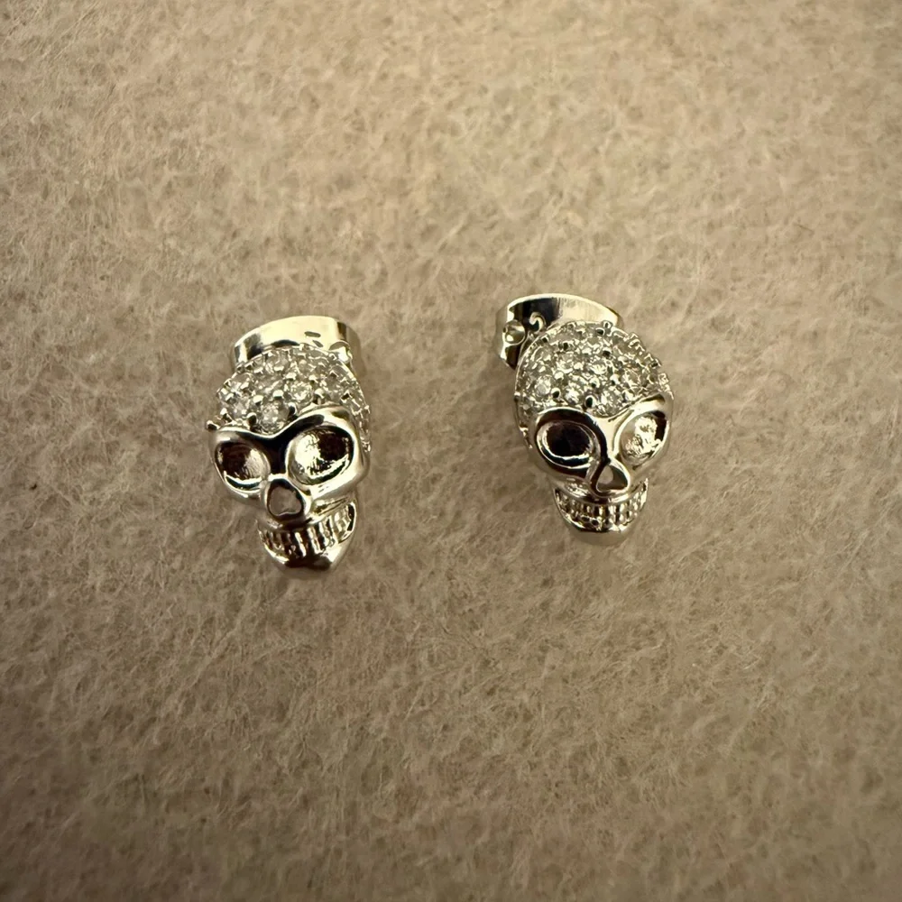 Edgy Silver Cubic zirconia Mini Skulls heads Gold plated Stud Earrings